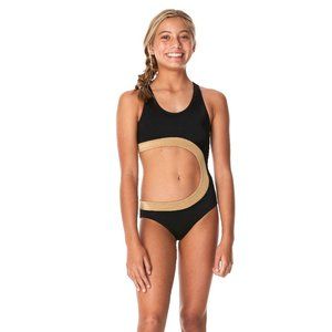 14 16 Tween Submarine 1pc Black w/Gold Trim Elegant Girls Swimsuit ‎ NWT